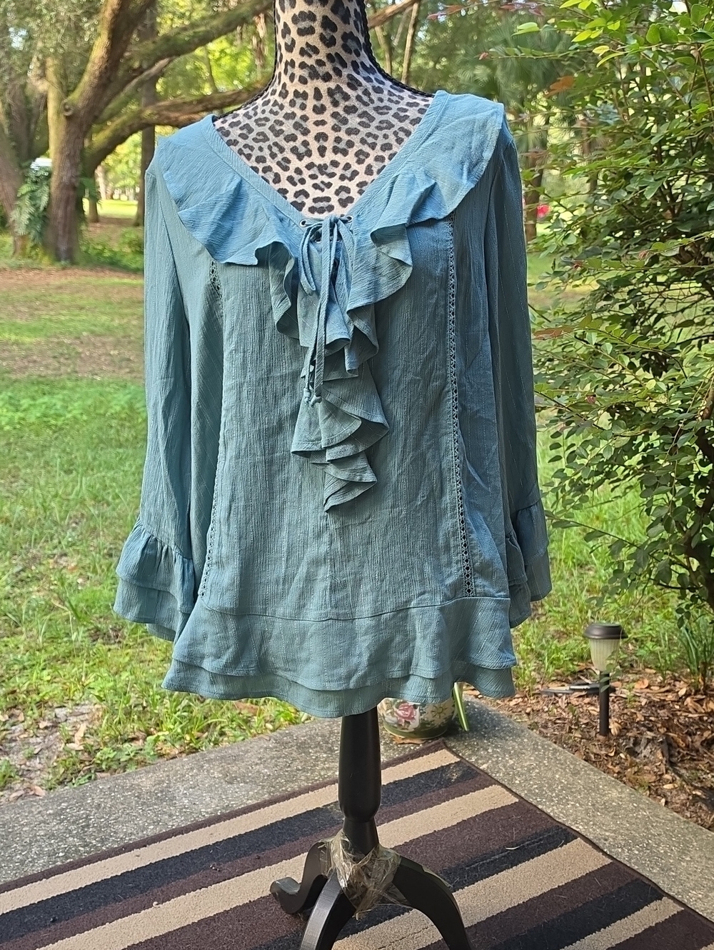 Democracy Dusty Teal Ruffle Tie Front Blouse